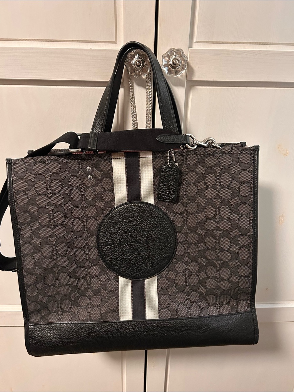 Coach Women Signature Canvas Tote in Black and Charcoal with Stripe.